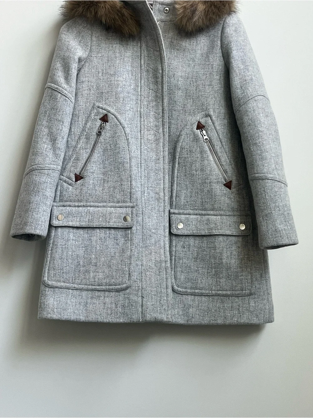 J.Crew Wool Nello Gorri Chateau Faux Fur Hood Parka Coat Sz 2 Quiet Luxury Gray - Picture 7 of 16